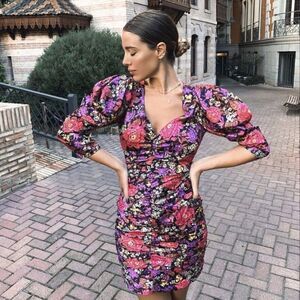 Zara Floral Puff Sleeve Ruched Dress